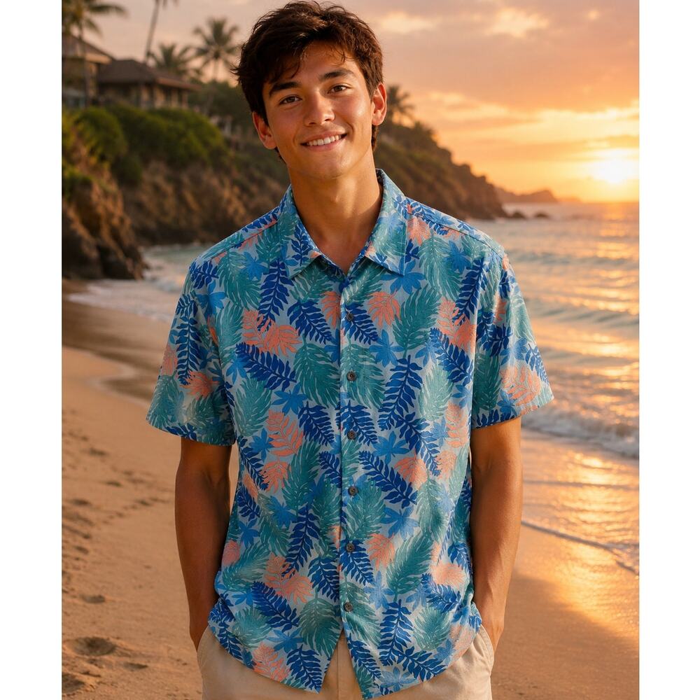 Nickel & Iron NY Tropical Leaf Print Shirt Boys Small Hawaiian Button Up